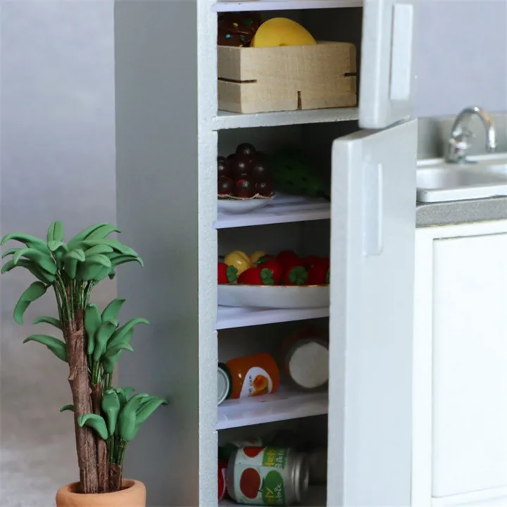 1/12%20Miniature%20Wooden%20Double%20Door%20Refrigerator%20Simulation%20Fridge%20Model%20for%20Doll%20House%20Decoration%20Silver%20-%20Image%207