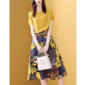Yfashion 2 Pcs Women Skirt Suit Round Neck Short Sleeve T-shirt High Waist Floral Skirt Leisure Clothing Set color. 