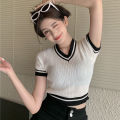 bellylady Women Cotton Cropped T Shirt Retro Knitted V-neck Pullover Tops Short-sleeved High-waisted Slim Fit Shirt. 