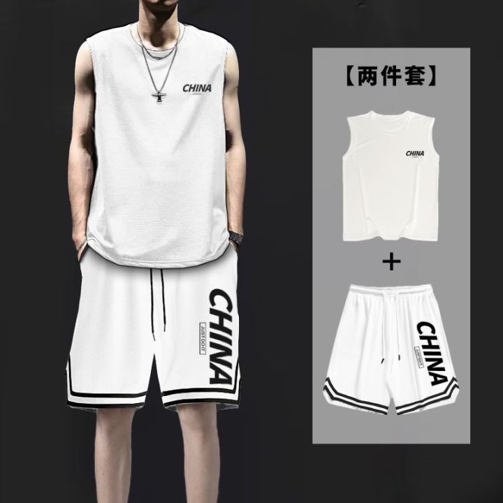 Summer Ice Silk Vest Men's Shorts Suit Waistcoat Quick-Drying Loose Large Size T T-shirt Sports Basketball Shorts Two-Piece Set