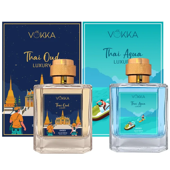 VOKKA Thai Oud & Thai Aqua 200 ml | Pack of 2 x 100ml Unique Unisex Luxury Long Lasting Woody Aquatic Perfume Gift Set For Men And Women | Aquatic Scent Eau De Parfum | EDP Fragrance for Gift | Notes: Aqua Woody Musky(FROM INDIA)NUZ