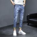 Summer Thin Jeans Men's Fashion Ripped Slim Fit Cropped Skinny Pants Men's Korean Stretch Casual Long Pants. 