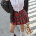 Harajuku E girl pleated miniskirt fashion AU retro red plaid HOUZHO skirt girl Y2K preppy style cute Korea. 