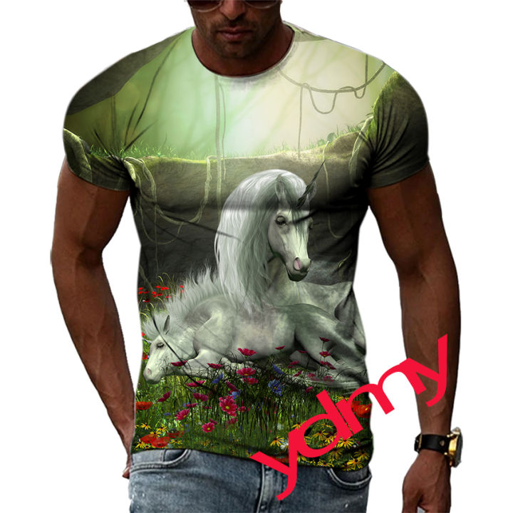 Tide%20Fashion%20Summe%20White%20Horse%20Picture%20Men's%20T-shirt%20Casual%20Print%20Tees%20Hip%20Hop%20Personality%20Round%20Neck%20Short%20Sleev%20Tops%20-%20Image%203