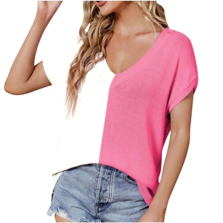 Women/ Ladies / Girls Trending Single Jersey Cotton Fabric 190 Gsm Tops Half Sleeve V Neck Casual Loose Fit Office Wear Two Tone Selone Summer Crop Top T-Shirt / Tshirt/ Blouse In Pink And White Color In S, M, L, Xl Sizes