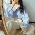 Sweet Peter Pan Collar Shirt Women Vintage Long Sleeve Blouse Preppy Style Yellow Blue Loose Buttons Youth Tops 2023 Y2k. 