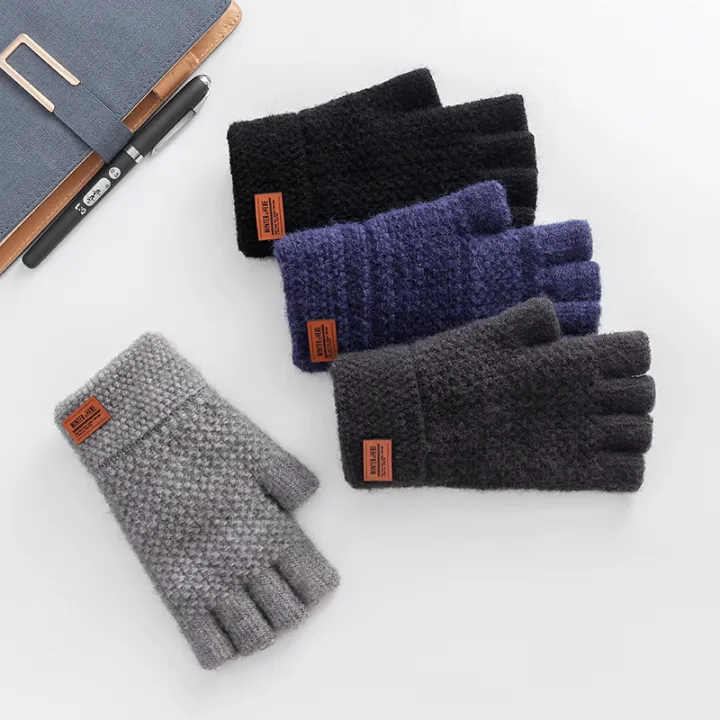 Knitted Fingerless Gloves Autumn Winter Men Thick Warm Windproof Gloves Daily Cycling Driving Elastic Gloves Fashion Simple Gift 1Pair
