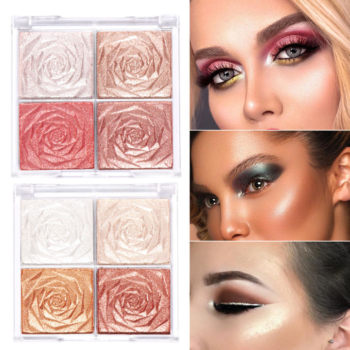 Rose Diamond Highlighter Powder Palette Glitter Face Contour Brighten Makeup Shimmer Illuminate High Light Cosmetic 4 Colors