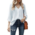 Yfashion Women Summer Loose Shirt V Neck Long Sleeve Roll Up Sleeve Solid Color Tunic Tops Business Casual Shirts Work Tops. 