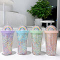 550ml Double Layers Rainbow Plastic Water Bottle With Straw Korean Style Creative Sweet Mug For Milk Coffee Tea Cup. 