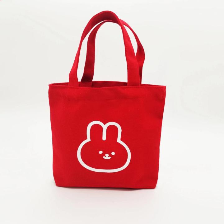 canvas rabbit canvas bag Practical red handbag canvas tote bag Cute bunny print bag for Daily use School bag Picnic bag Gift bag Fashion accessory