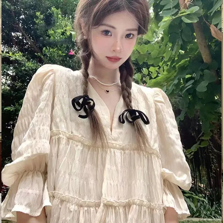 Puff%20Sleeve%20Dress%20Women's%20Texture2023Summer%20New%20Korean%20Style%20Sweet%20and%20Fresh%20Petite%20Short%20Dress%20Cake%20Dress%20-%20Image%203