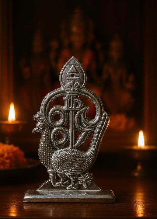 Silver%20Finish%20Lord%20Murugan%20Vel%20with%20Peacock%20%7C%20Divine%20Table%20Decor%20for%20Pooja%20&%20Gift%20-%20Image%203