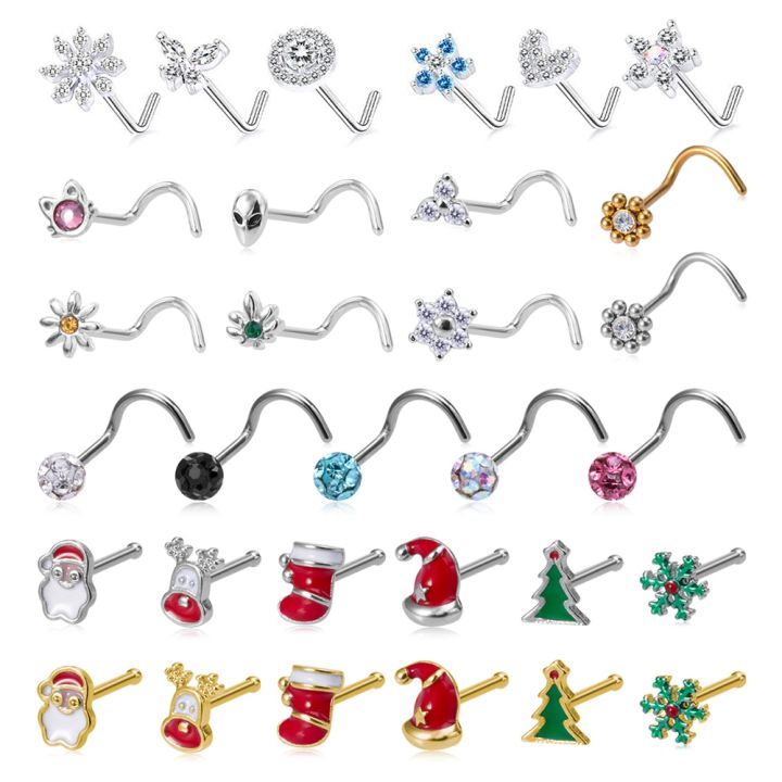 1pc Cat Alien Flower L Shape Nose Studs Nose Screw Bone Piercing Stud Pin Women Christmas Gift 20g CZ Stainless Steel Nose Rings