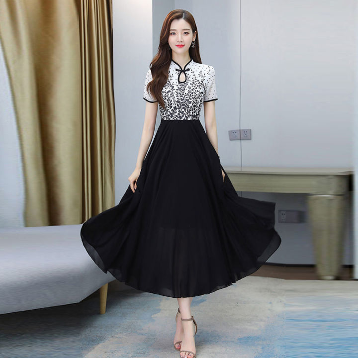 bellylady%20Women%20Cotton%20Cheongsam%20Dress%20Summer%20Short%20Sleeves%20Stand%20Collar%20A-line%20Skirt%20High%20Waist%20Large%20Swing%20Dress%20-%20Image%203