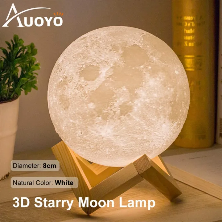 Auoyo 3D Moon Lamp Light Rechargeable 8/15cm Moon Night Light with Stand-Touch Switch - 7 Color - Moon Table Lamp