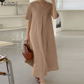 【WEJA】Korean Style Women's Dresses Casual Short Sleeve V-Neck Loose Pleated A-Line Midi Sundress #8. 
