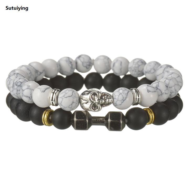 Sutuiying Gothic Skull Bracelet For Men Women Natural Stone Beads Bracelets barbell Boy Biker Cool Wristband Gift kpop