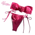 Muses Mall Bikini Set with Flower Decoration Floral Bandeau Bikini Set with Lace-up Swim Briefs Quick Dry Beachwear for Women 2pcs/set Bikini Set. 