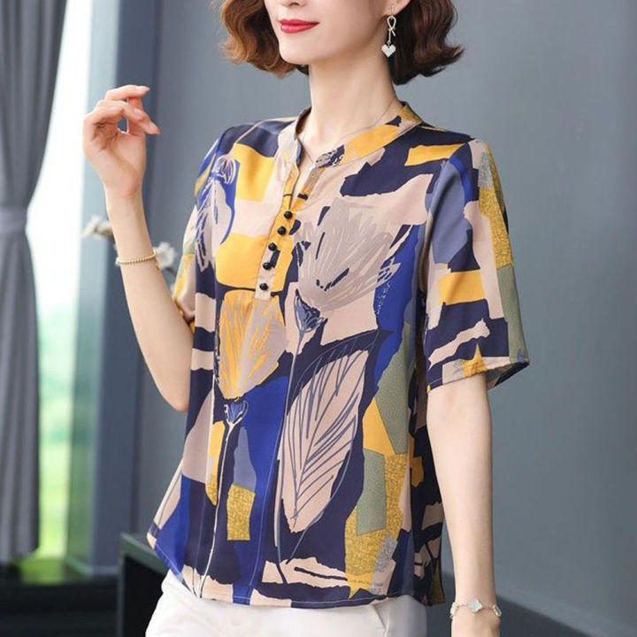 bellylady%20Women%20Cotton%20Summer%20Stand%20Collar%20Blouse%20Retro%20Printing%20Short%20Sleeves%20Shirt%20Plus%20Size%20Loose%20Casual%20Tops%20-%20Image%202