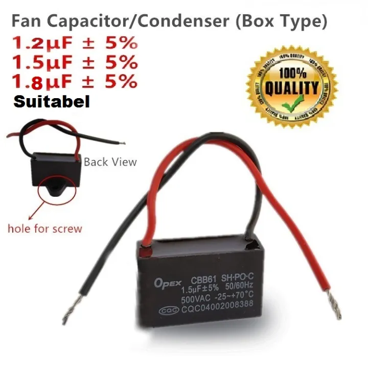 Fan Capacitor / Condenser 1.5uF 50/60Hz.450V  Box Type ( 1.2uF/1.5.0uF/1.8uF Suitable)