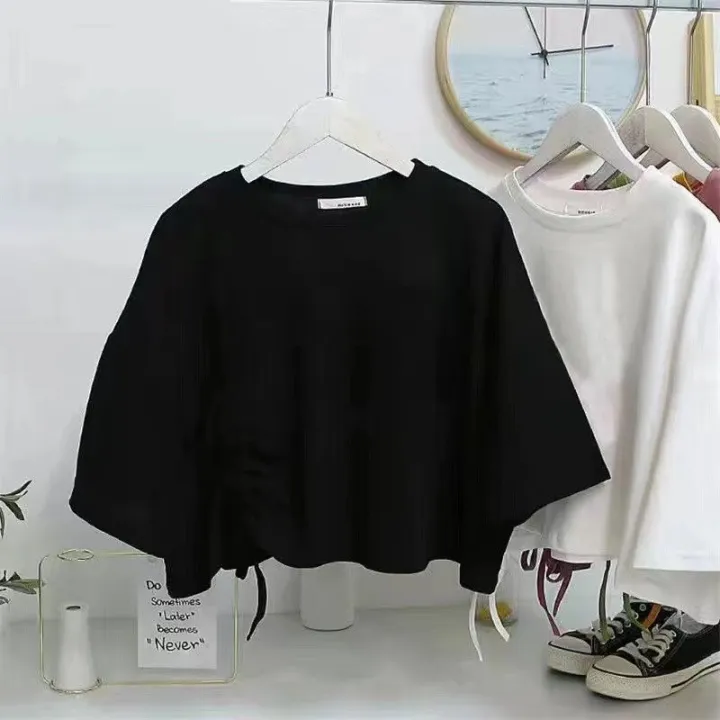 Black%20Niche%20Design%20Irregular%20Drawstring%20Short%20SleeveTT-shirt%20Women's%20Summer%20New%20Korean%20Style%20Loose%20Crop%20Top%20Fashion%20-%20Image%205