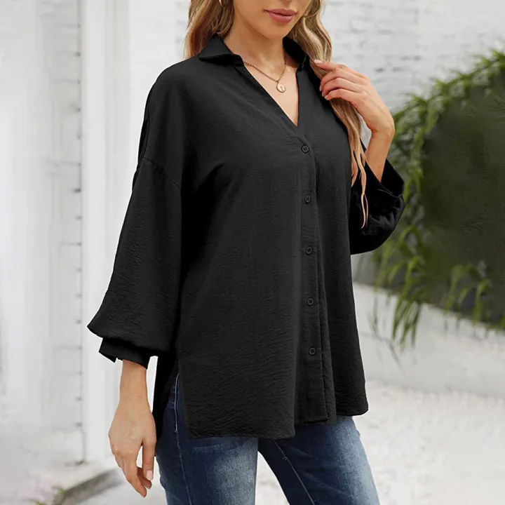 Women%20Casual%20Button%20Down%20Blouses%203/4%20Sleeve%20Lapel%20Irregular%20T-shirt%20v%20Neck%20Loose%20Solid%20Color%20Cardigan%20Tops%20-%20Image%208