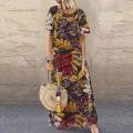 Womens Dress For Women Fashion Casual O-Neck Long Sleeve Vintage Flower Print Short-Sleeve Plus Size Long Dress. 