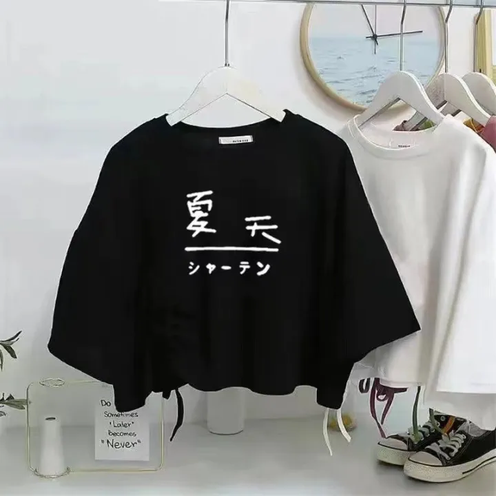 Black%20Niche%20Design%20Irregular%20Drawstring%20Short%20SleeveTT-shirt%20Women's%20Summer%20New%20Korean%20Style%20Loose%20Crop%20Top%20Fashion%20-%20Image%202