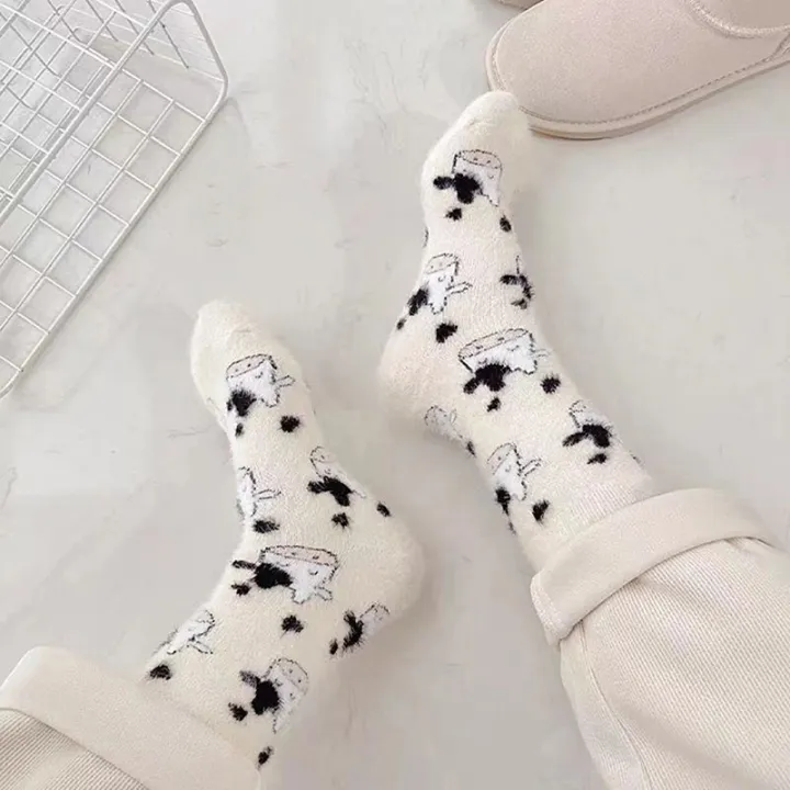 Cartoon Cute Cow Mink Velvet Socks Women Winter Soft Stocking Medium Tube Sock Cute Cloud Plush Cartoon Mink Plush Socks Indoor ZHANGNA