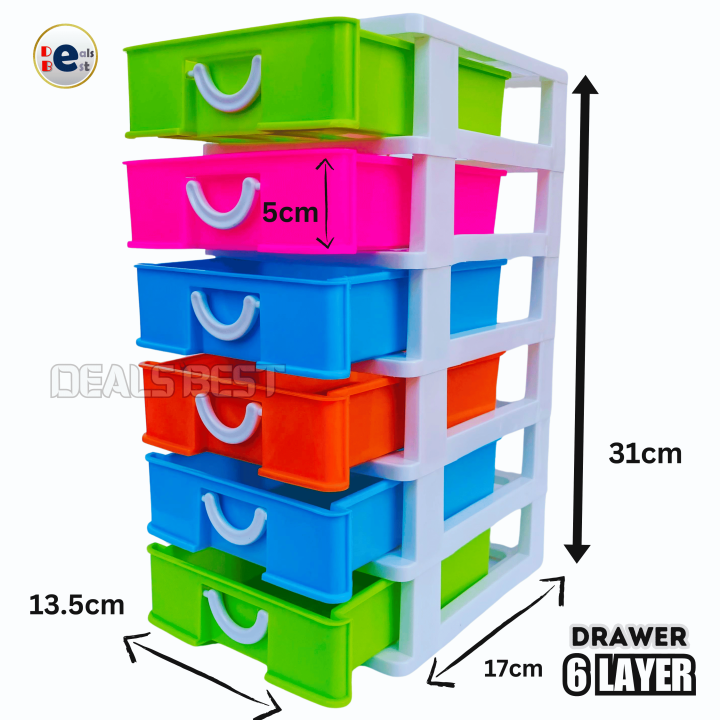 6 In 1 Small Drawer 6 Layer Plastic Multicolor Storage Box For Medicine, Stationary, Cosmetics, Money, Jewelry And Other Small Items (Dimension : 31cm x 17cm x 13.5cm)