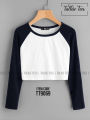 White Color Black Raglan Sleeve Women Crop Top T Shirt | Tt9069 , crop top for women. 