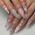 SUMMER Peach Love French Wear Nail 3D Type Fake Nails Mermaid Bubble Beads Nail Tips Finished Product. 