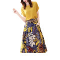 Yfashion 2 Pcs Women Skirt Suit Round Neck Short Sleeve T-shirt High Waist Floral Skirt Leisure Clothing Set color. 