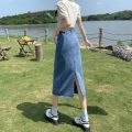 Women's Blue Split Denim Skirt Summer Mid-Length 2024 New Year Small High Waist a Word Hip Skirt. 