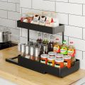Double Layer Spice Rack Storage Rack Pull-out 4 Hooks Sliding Drawer Cabinet Basket Organizer Kitchen Shelf Seasoning Holder. 