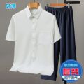 Summer Ice Silk Cool Shirt Thin Short Sleeve Suit Middle-Aged and Elderly Casual Shirt Dad Loose Two-Piece Suit Men's Clothing. 