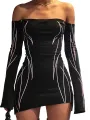Women´s Bodycon Mini Dress, Gothic Printed Off Shoulder Long Sleeve Black Club Dress. 