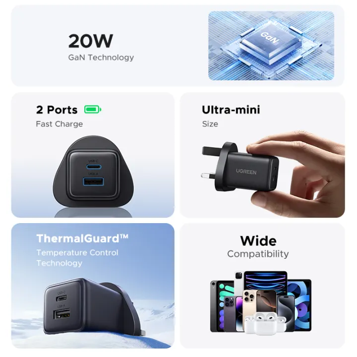 UGREEN%2020W%20GaN%20Fast%20Wall%20Charger%201%20USB%20C%201%20USB%20A%20Port%20Charger%20with%20QC%20Portable%20for%20iPhone%2017%2016%2015%20Pro%20Max%20iPhone%2016%2015%20Plus%20iPad%20Pro%20Samsung%20S25%20Ultra%20S24%20Huawei%20Mate%2060%20Xiaomi%2014%20-%20Image%202