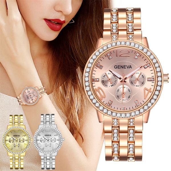 Geneva Fashionable Design Rose Gold Two Tone Stainless Steel Luxury Women Fashion Watch Quartz Analog Business Chain Wedding Party Casual Wrist Watches For Girls Ladies Woch Gift - Rhinestone Rosegold Silver PM