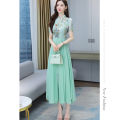 bellylady Women Cotton Chiffon Dress Chinese Style Printing Stand Collar Mid-length Retro Cheongsam Skirt. 
