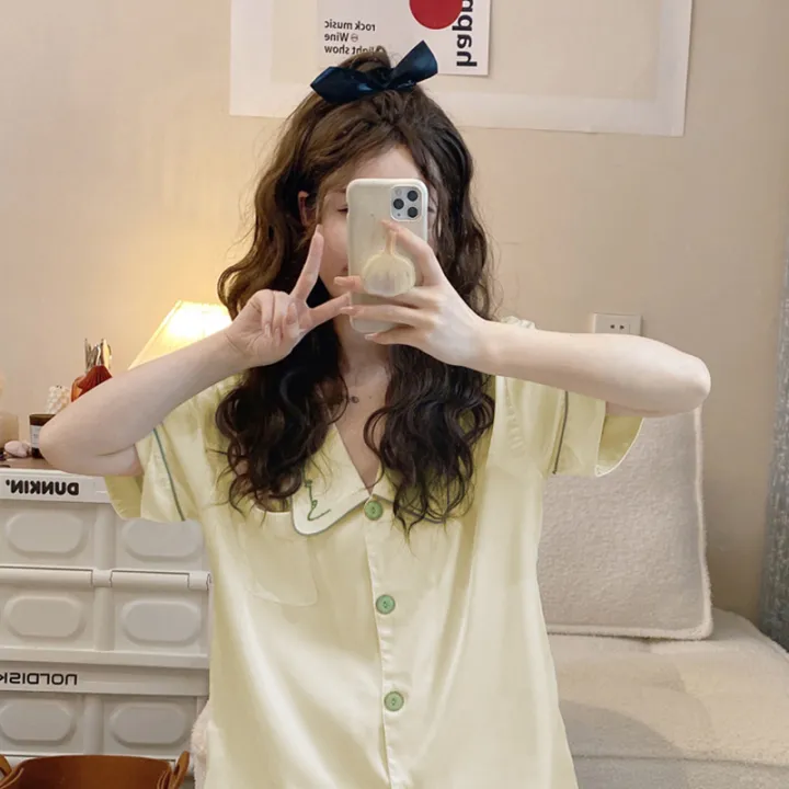 SYT%20Summer%20High-End%20Pajamas%20Women's%20Ice%20Silk%20Short-Sleeved%20Shorts%20Two-Piece%20Suit%20Casual%20Thin%20Sweet%20Home%20Clothes%20-%20Image%205