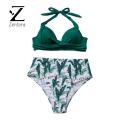 Zentora Floral Print Bikini Set Leaf Print High Waist Bikini Set for Women Halter Top Quick Drying Swim Trunks Beachwear Set for Bikini Set. 