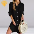 Women Shirt Dress Chic Long Sleeve Mini Dress for Office Daily Wear Loose Fit Solid Color Shirt Dress with Irregular Hemline Women Long Sleeve Shirt Dress. 