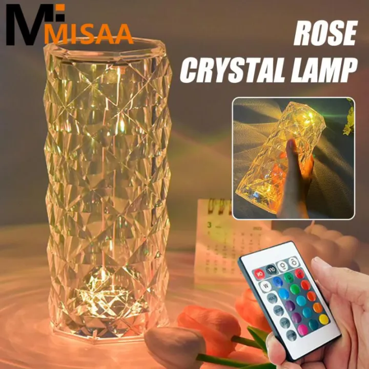 USB Rechargeable Rose Diamond Lamp for Bedside Acrylic LED Touch Table Light 3D Projection 16 Colors Night Lights Crystal Table Lamp