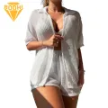 Hollow Design Swimwear Cover Up 2pcs Summer Beach Cover Up Set Short Sleeve Hollow Design Quick Dry Shirt Shorts Set for Women Style Cover Up Coat. 