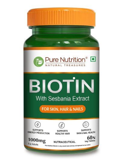 Pure Nutrition Biotin For Skin,Hair & Nails (10000mcg) with Sesbania Grandiflora, Bhringraj Bamboo Shoot Moringa Leaf (60 Tablets)