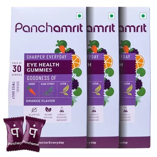 Panchamrit Eye Health Gummies- 30 Gummies (Pack of 3) | Protects against Blue Light Damage, Digital Strain and Dry Eyes | Enriched Lutein, Zeaxanthin, Carrot Powder & Ayurvedic herbs for Kids & Adults (FROM INDIA)SAB