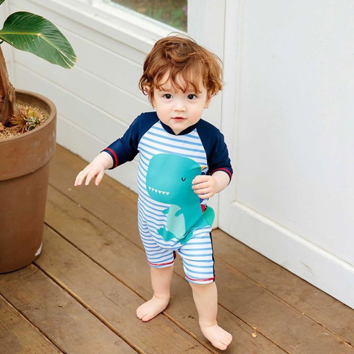 Cute Baby Swimsuit Children's Long-Sleeved One-Piece Toddler Kid Baby1-3Year-Old Cartoon Shark Dinosaur Swimming Suit