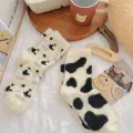 Cow Print Mink Plush Socks For Women Girl Winter Mid Tube Thickened Warm Funny Stockings Cute Animal PrintedHome Floor Socks. 